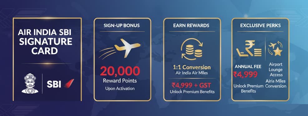 Infographic featuring the Air India SBI Signature Card with 20,000 Reward Points welcome bonus, Air India Miles conversion, lounge access, and ₹4,999 annual fee