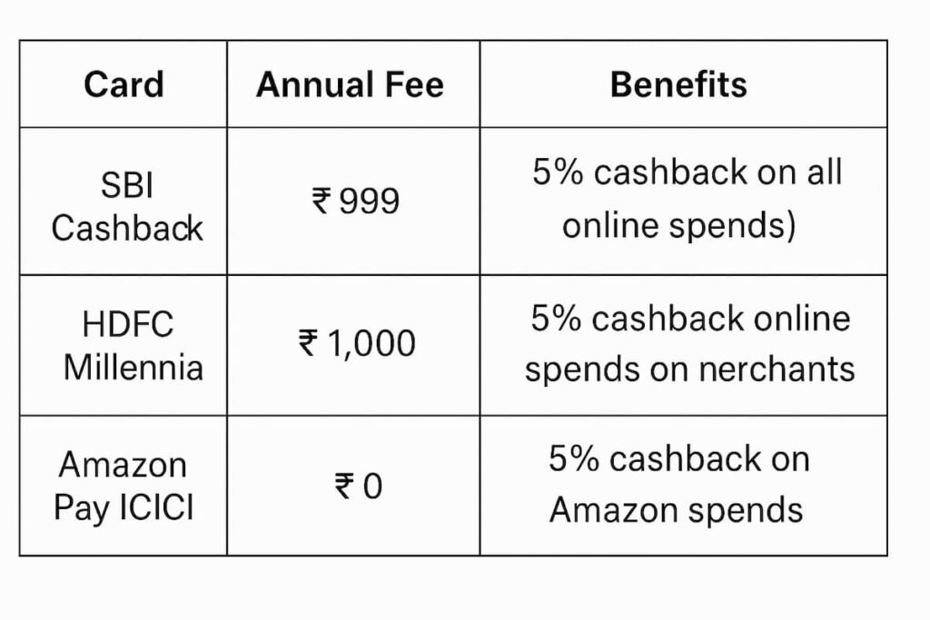 Table comparing annual fees, joining fees, and benefits of top cashback credit cards available in India for 2025.