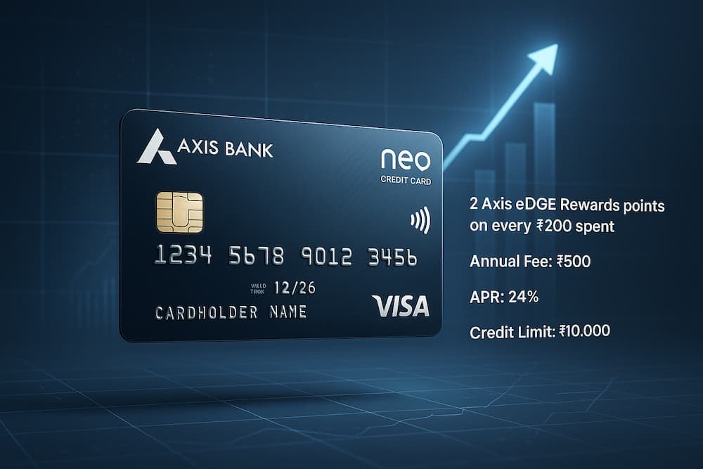 Axis Bank Neo Credit Card with details on rewards, annual fee, APR, and credit limit displayed alongside a sleek card design