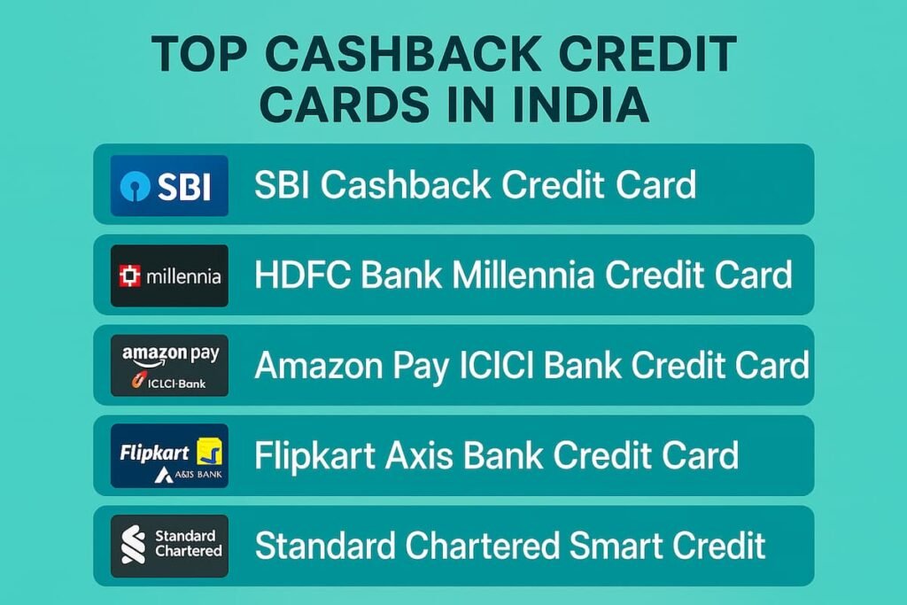 Infographic of the top cashback credit cards in India for 2025, including SBI, HDFC, Amazon Pay ICICI, Flipkart Axis, and Standard Chartered.