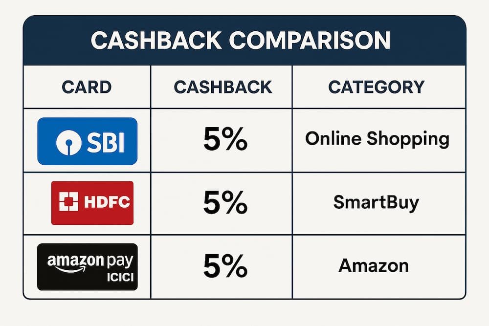 Comparison chart showing cashback rates for online shopping, Amazon, Flipkart, Myntra, and more for different credit cards.