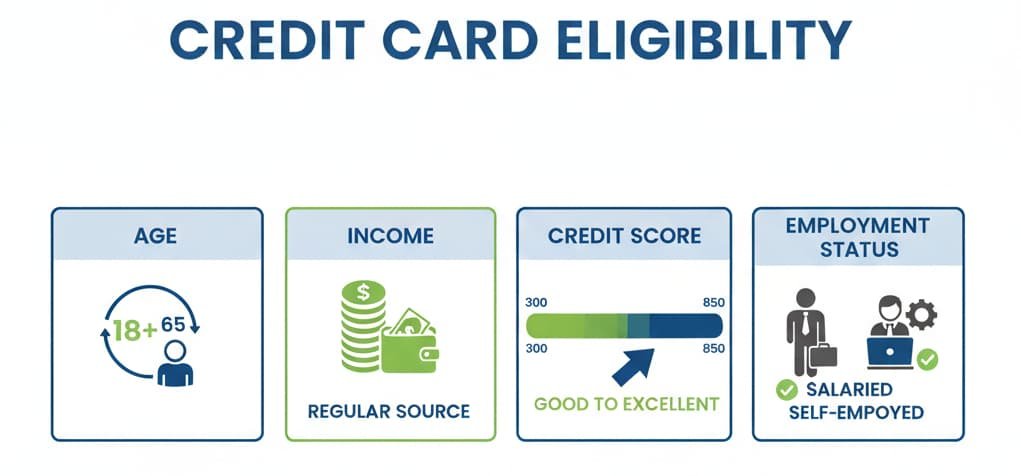 A graphic illustrating the common eligibility criteria for credit card applications, including Age (18-65 years), Income (currency or wallet icon), Credit Score (score range or bar), and Employment Status (icons for salaried and self-employed individuals). The design is clean, professional, and uses colors like blue, green, and grey.