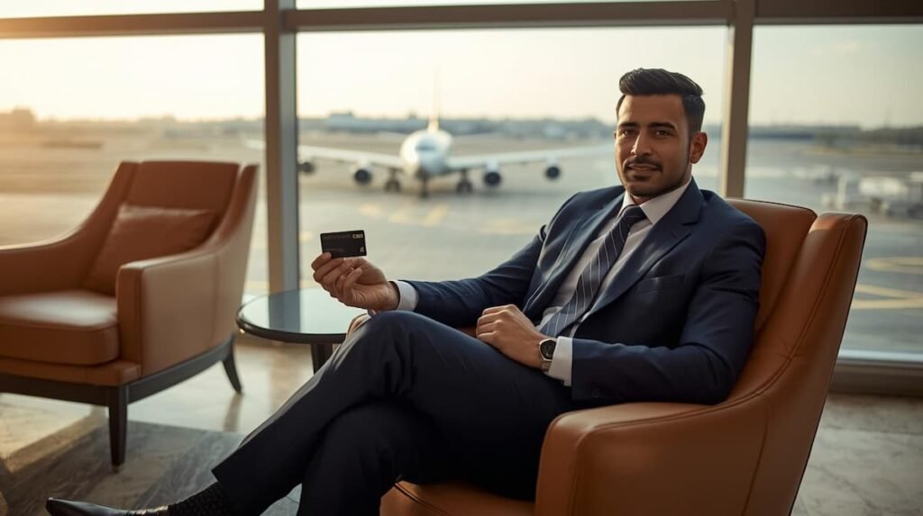 Indian businessman using premium travel credit card in luxury airport lounge