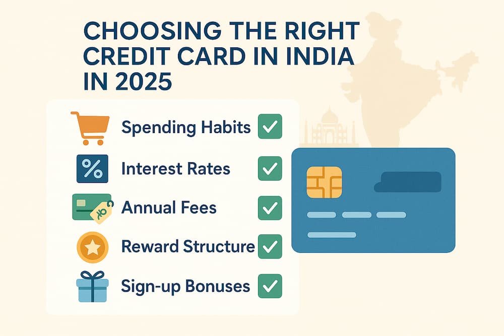 A graphic illustrating key factors to consider when choosing a credit card in India, including spending habits, interest rates, annual fees, reward structures, and sign-up bonuses. The image features icons representing each factor, with a clean and modern design in blue, green, and gold, and subtle references to India.