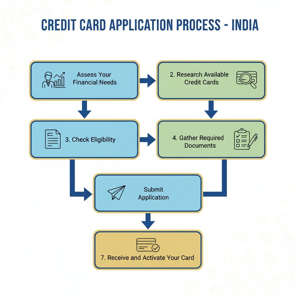 A flowchart illustrating the seven steps to apply for a credit card in India, including assessing financial needs, researching available credit cards, checking eligibility, gathering documents, submitting the application, awaiting approval, and receiving and activating the card. Each step is represented by an icon or box in a modern design with a color scheme of blue, green, and gold.