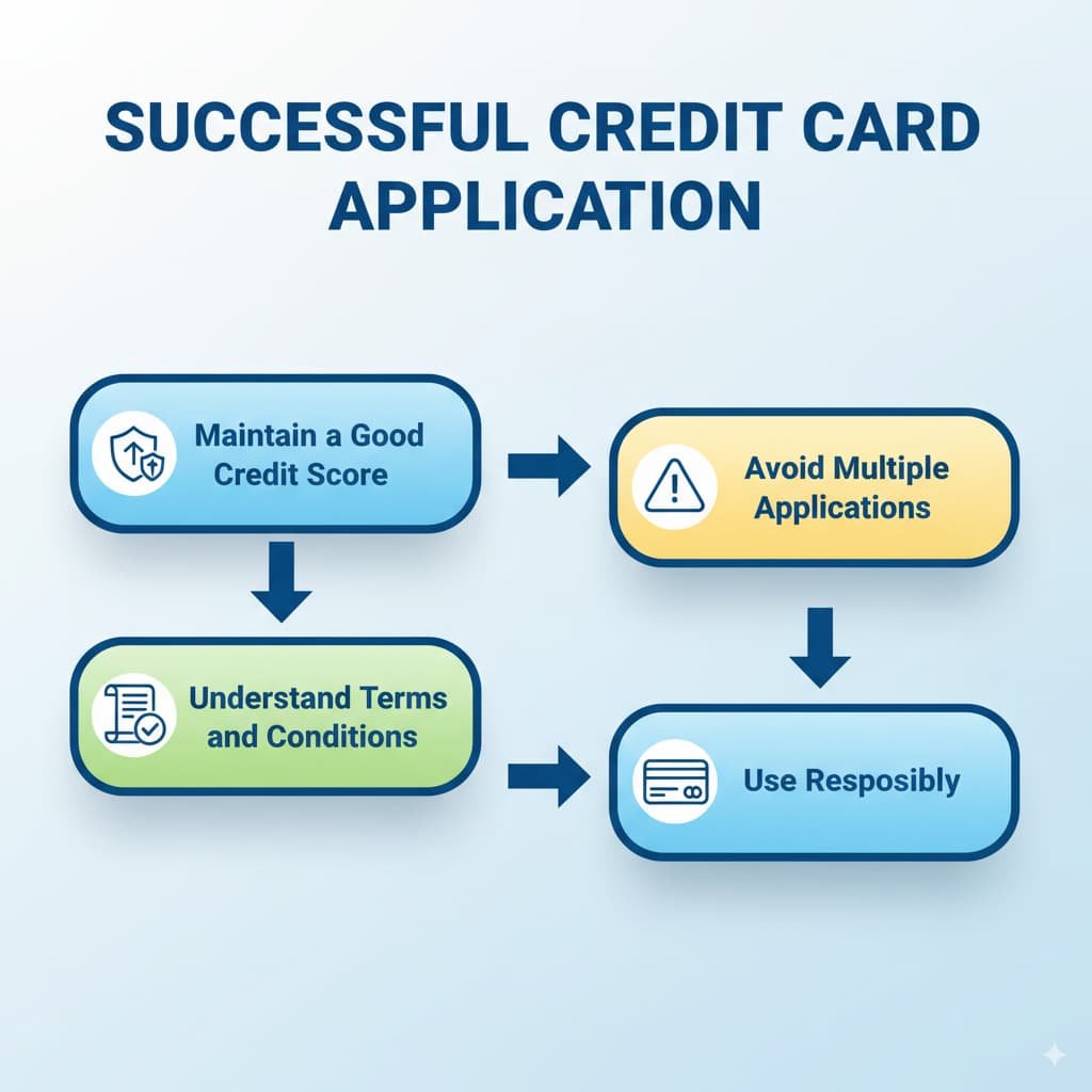 A flowchart illustrating tips for a successful credit card application, including maintaining a good credit score, avoiding multiple applications, understanding terms and conditions, and using the card responsibly. The design is clean and modern, with icons for each step and a color scheme of blue, green, and yellow.