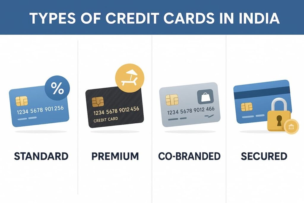A graphic illustrating the four types of credit cards available in India: Standard, Premium, Co-branded, and Secured. Each section of the image highlights a different card type with relevant icons or illustrations, including cashback points, luxury perks, brand logos, and a lock symbol for secured cards. The design is modern with a blue, silver, and gold color scheme.