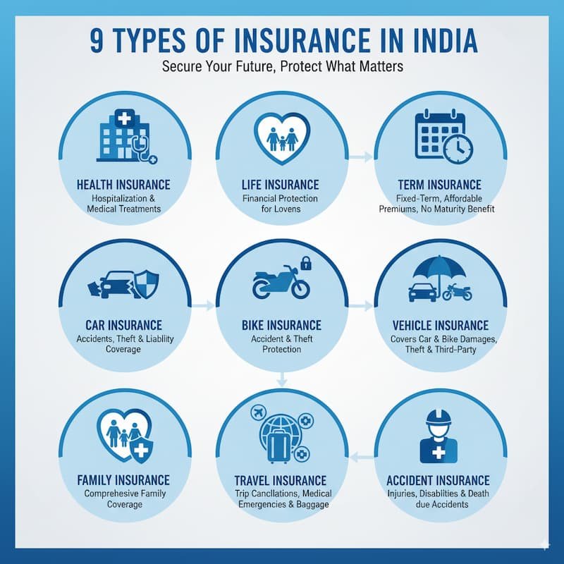 An infographic illustrating 9 types of insurance in India: Health, Life, Term, Car, Bike, Vehicle, Family Health, Travel, and Accident insurance. Each type is represented with relevant icons and descriptions, highlighting their coverage and benefits