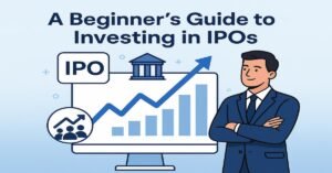 A Beginner's Guide to Investing in IPOs with stock market charts and IPO-related symbols for a professional look
