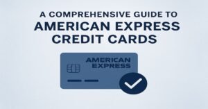 A comprehensive guide to American Express credit cards featuring a sleek design with the American Express card icon and a checkmark symbol on a light blue gradient background