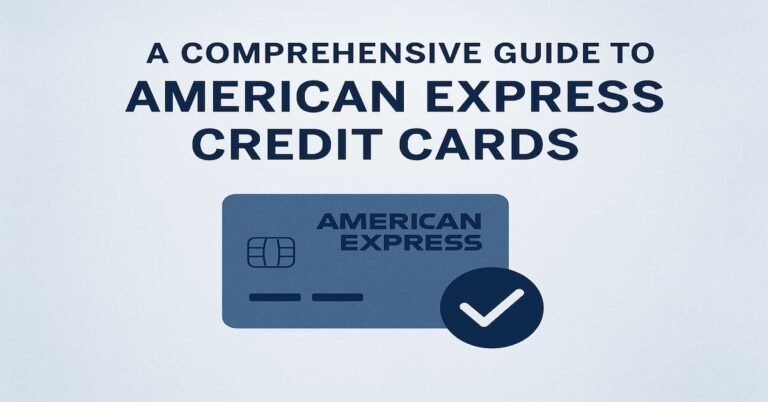 A comprehensive guide to American Express credit cards featuring a sleek design with the American Express card icon and a checkmark symbol on a light blue gradient background