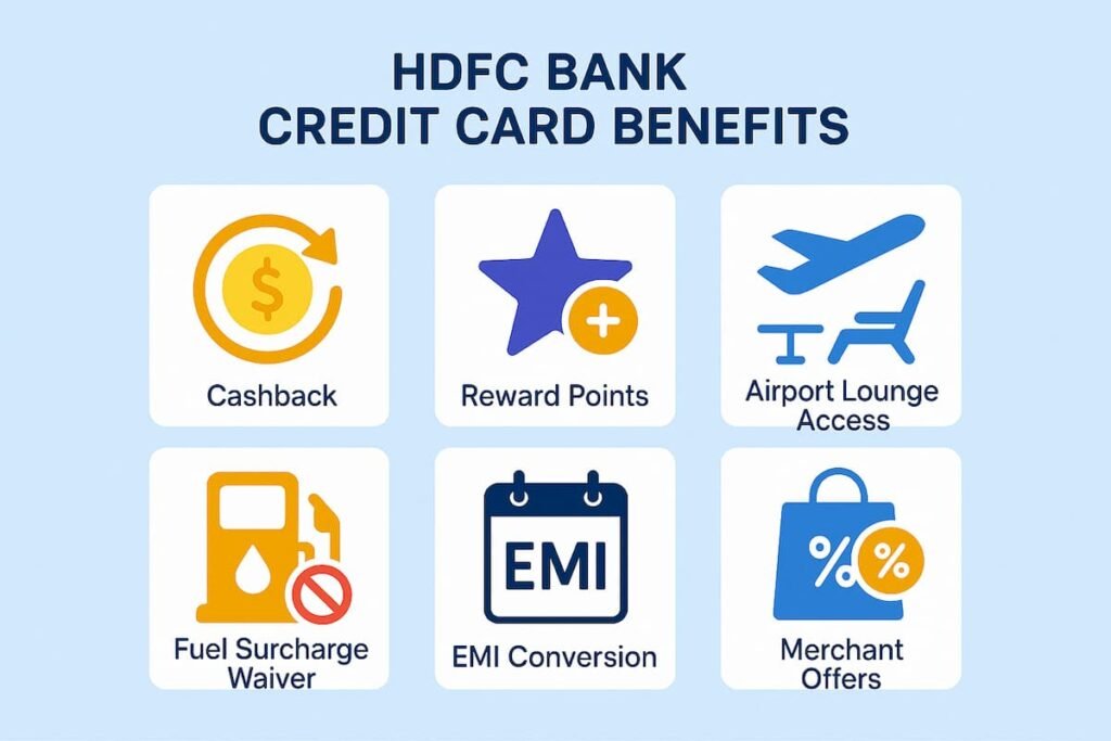 Visual representation of the benefits of HDFC Bank Credit Cards: Cashback, Reward Points, Lounge Access, Fuel Waiver