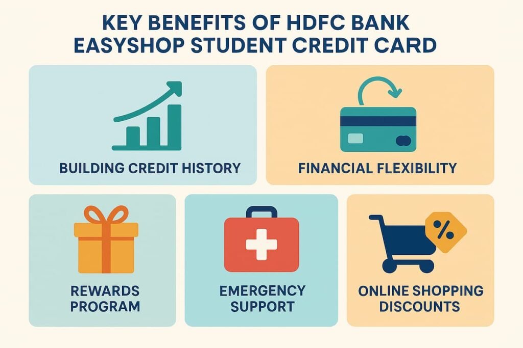 An infographic displaying the benefits of the HDFC Bank EasyShop Student Credit Card, including building credit history, financial flexibility, rewards program, emergency support, and online shopping discounts, with corresponding icons for each