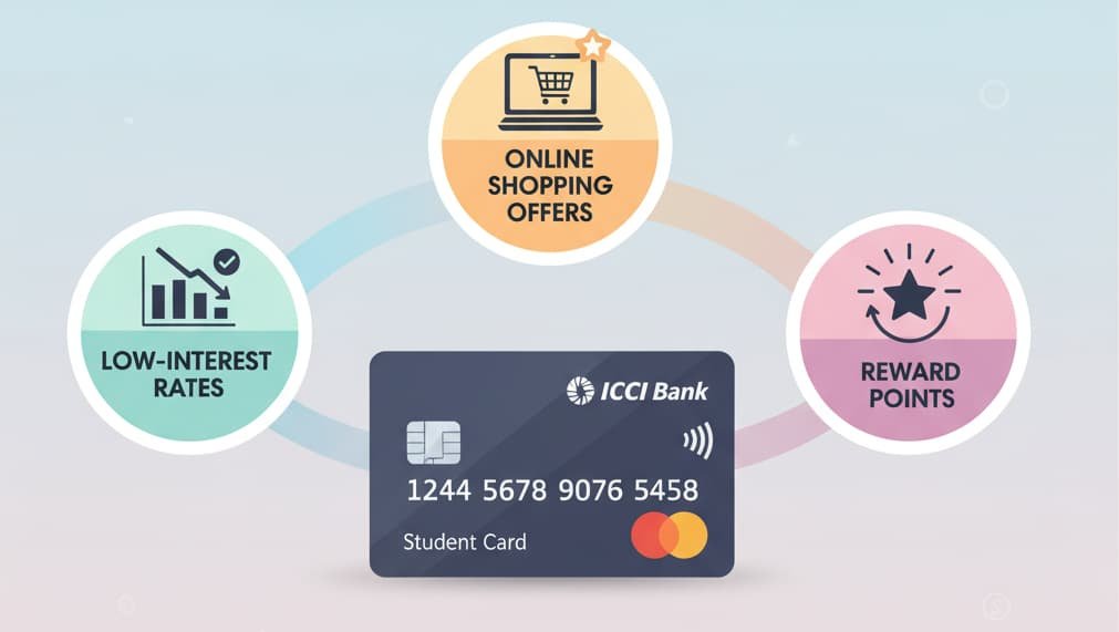Image highlighting the key benefits of ICICI Bank Student Credit Card, such as low interest rates, online shopping offers, and reward points