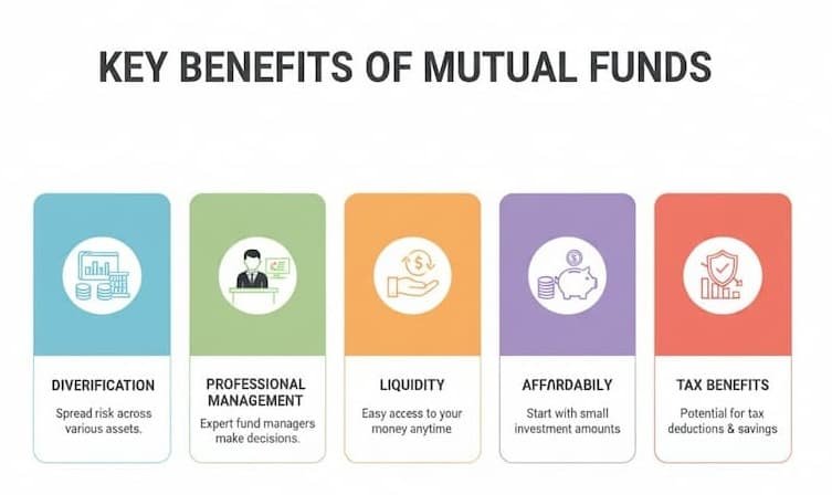A visual listing the benefits of mutual funds, such as diversification, professional management, liquidity, affordability, and tax benefits