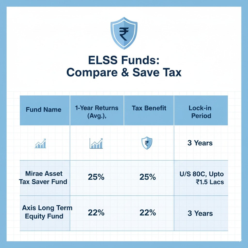 Infographic comparing popular ELSS mutual funds like Mirae Asset Tax Saver Fund and Axis Long Term Equity Fund with their tax-saving benefits and returns