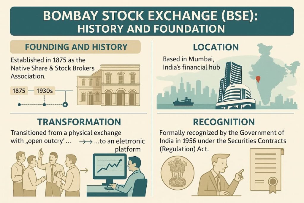 An infographic illustrating the history and foundation of the Bombay Stock Exchange (BSE), from its founding in 1875 to its transformation into an electronic exchange