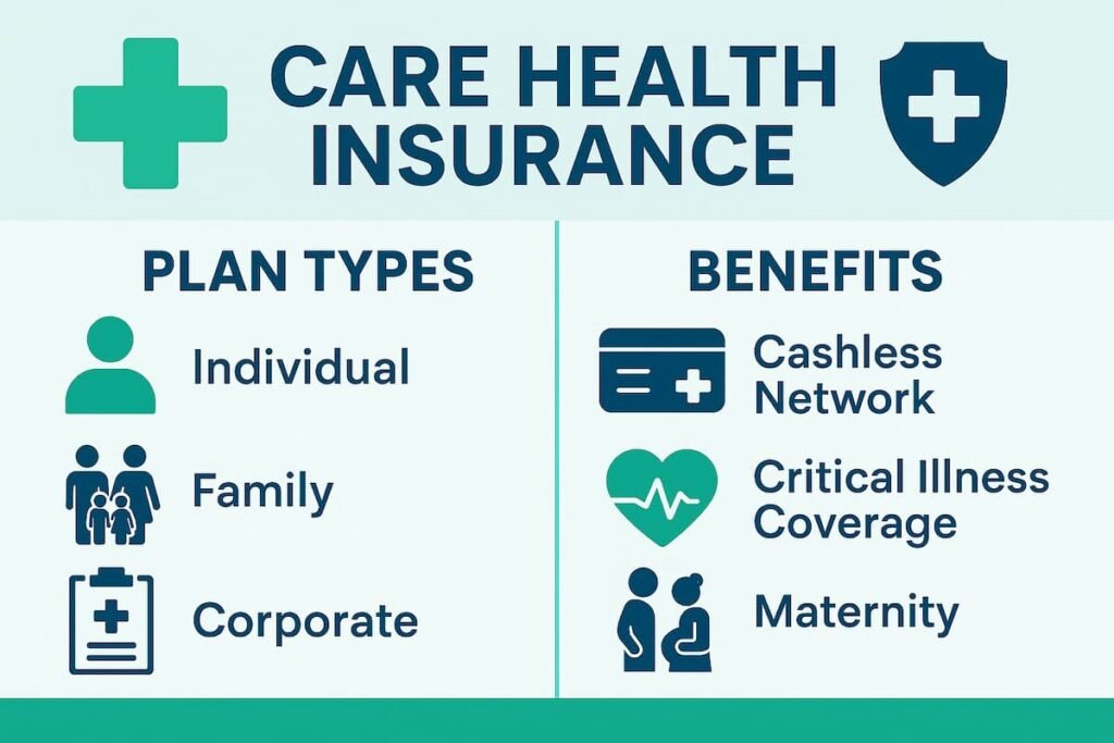 Infographic showing Care Health Insurance plans, featuring Individual, Family, and Corporate coverage with icons representing critical illness, maternity, and senior citizen benefits