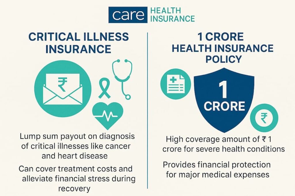 Infographic illustrating Care Health Insurance’s Critical Illness Insurance and 1 Crore Health Insurance Policy, featuring lump sum payouts and high coverage for major health conditions