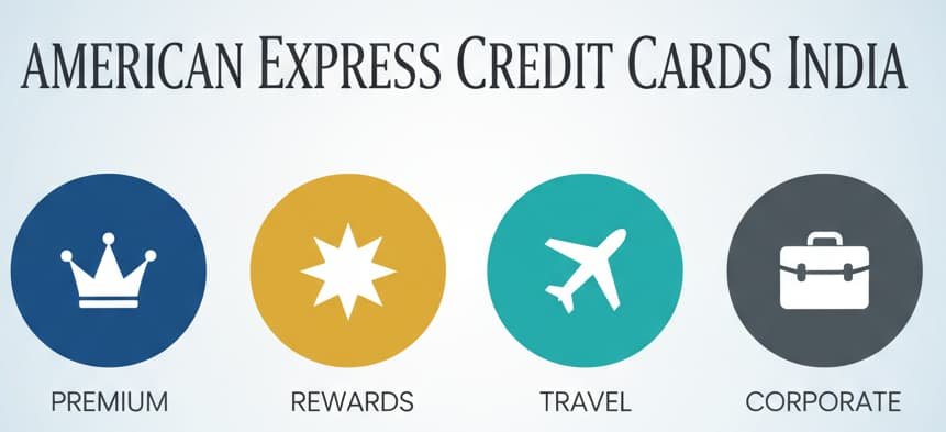 Infographic showing four types of American Express credit cards available in India: Premium, Rewards, Travel, and Corporate