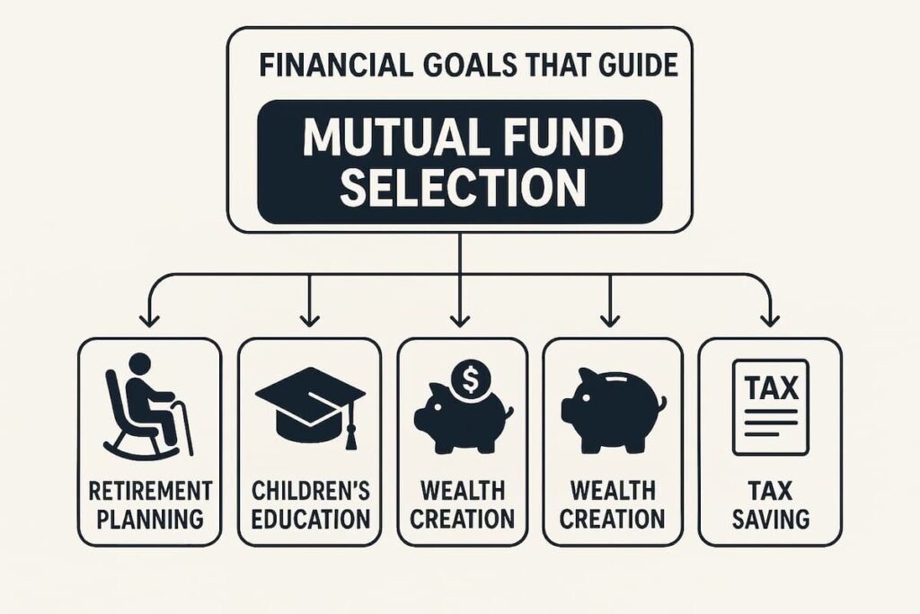 Infographic showing the different financial goals like retirement planning, children’s education, wealth creation, and tax saving, with corresponding icons for each