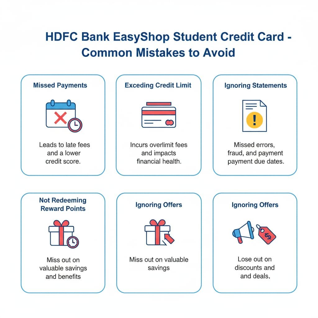 An infographic displaying common mistakes to avoid with the HDFC Bank EasyShop Student Credit Card, including missed payments, exceeding credit limit, ignoring statements, not redeeming reward points, and ignoring offers, with corresponding icons for each mistake.
