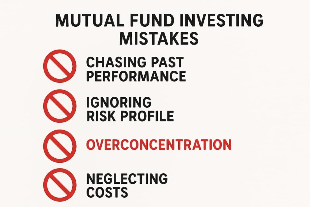 Illustration highlighting common mutual fund investing mistakes like chasing past performance, ignoring risk profile, overconcentration, and neglecting costs