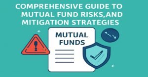 Digital infographic featuring a "MUTUAL FUNDS" document, a warning sign, a protective shield with a checkmark, and a downward-sloping graph, set against a teal background with a color palette of red, green, navy blue, and white.