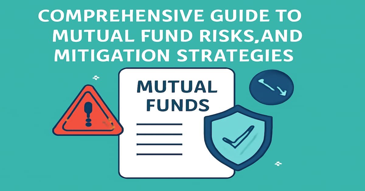 Digital infographic featuring a "MUTUAL FUNDS" document, a warning sign, a protective shield with a checkmark, and a downward-sloping graph, set against a teal background with a color palette of red, green, navy blue, and white.