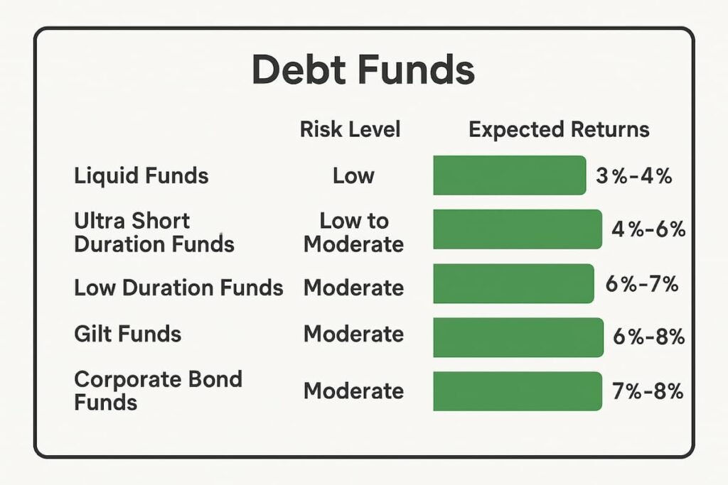 Infographic comparing the various types of debt mutual funds—Liquid Funds, Corporate Bonds, Gilt Funds—with their risk levels and expected returns