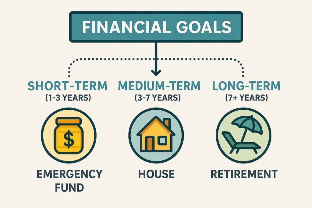 Infographic displaying various financial goals such as short-term, medium-term, and long-term goals with corresponding icons like an emergency fund, house, and retirement
