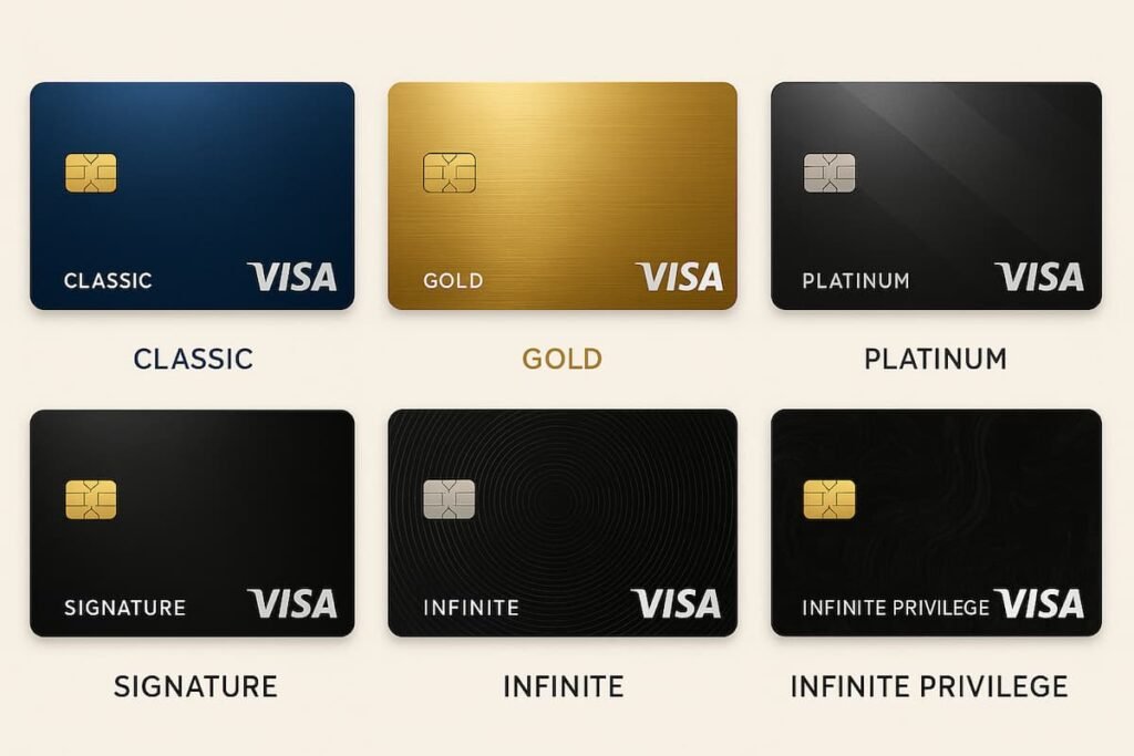Visual representation of different Visa credit card types including Classic, Gold, Platinum, Signature, Infinite, and Infinite Privilege