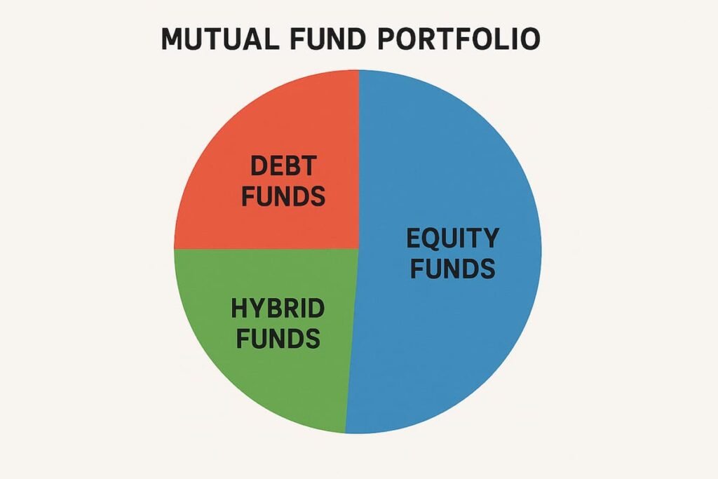 Pie chart showing the diversification of mutual fund investments across equity funds, debt funds, and hybrid funds for balanced risk and reward