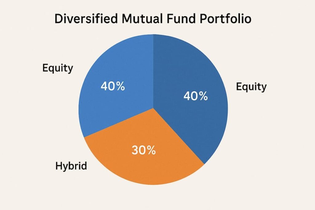 Pie chart demonstrating a diversified mutual fund portfolio with equity, debt, hybrid, and tax-saving funds