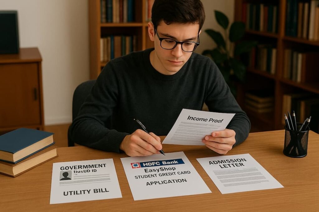 A student organizing required documents, including proof of identity, address, admission, and income, for the HDFC Bank EasyShop Student Credit Card application