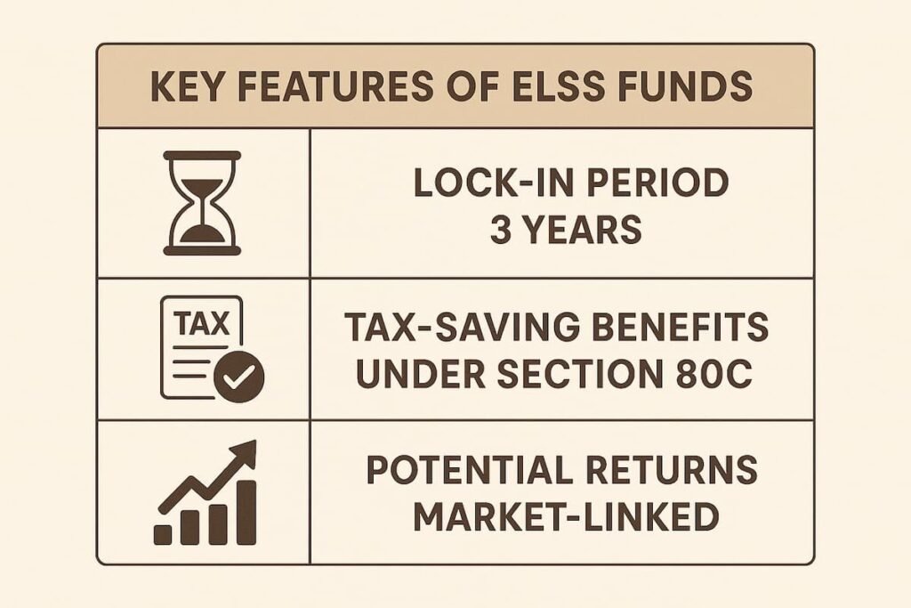 Infographic showing the benefits of ELSS funds in India, including tax-saving under Section 80C, lock-in period, and potential returns