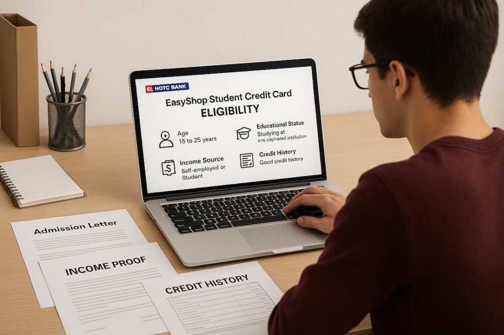 A student reviewing eligibility criteria for the HDFC Bank EasyShop Student Credit Card, with documents such as an admission letter and income proof on the desk, highlighting the key requirements for application