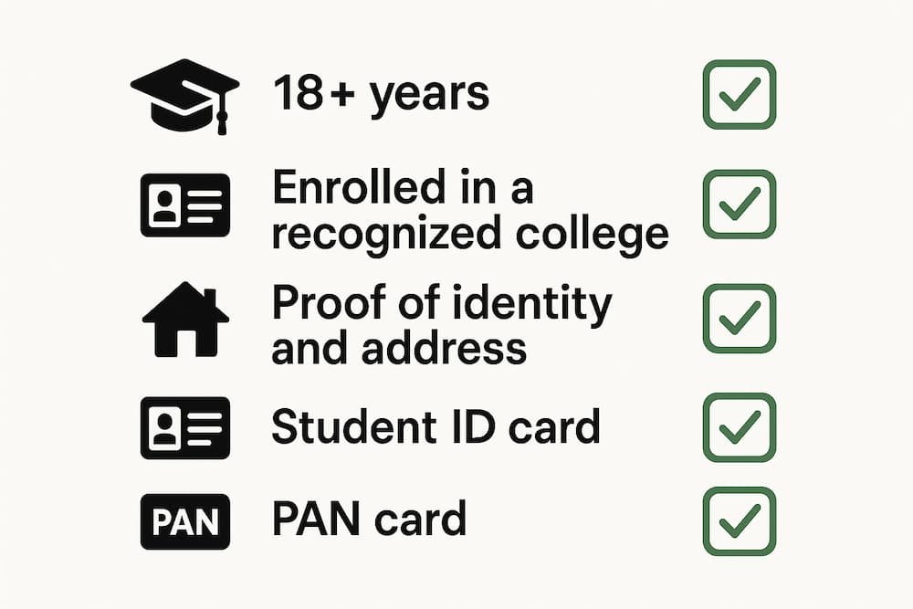 Eligibility checklist for student credit cards, including age, college enrollment, and required documents