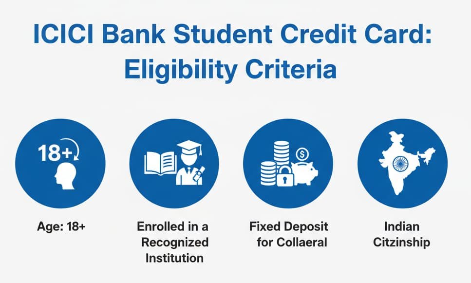 An infographic showing the eligibility criteria for the ICICI Bank Student Credit Card. The image includes icons representing age (18+), enrollment in a recognized educational institution, a fixed deposit for collateral, and Indian citizenship. Simple text accompanies each icon to explain the requirements