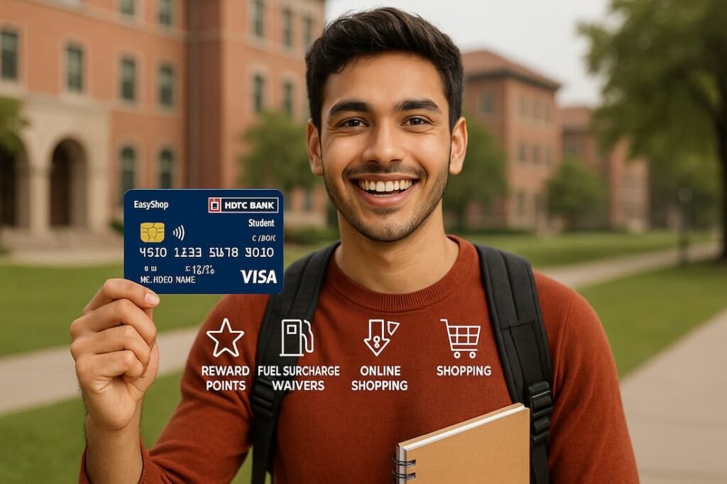 A student holding the HDFC Bank EasyShop Student Credit Card outside a university campus, symbolizing financial independence and smart money management for young adults