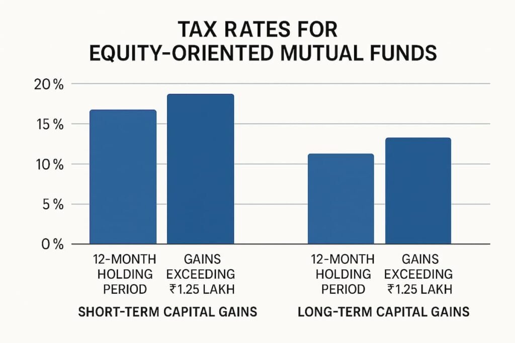 Bar chart depicting tax rates for short-term and long-term capital gains on equity mutual funds in India, including ₹1.25 lakh exemption
