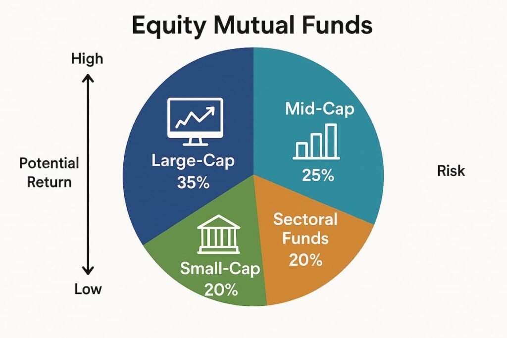 Graph showing the different types of equity mutual funds—Large-Cap, Mid-Cap, Small-Cap, and Sectoral—along with their risk levels and potential returns