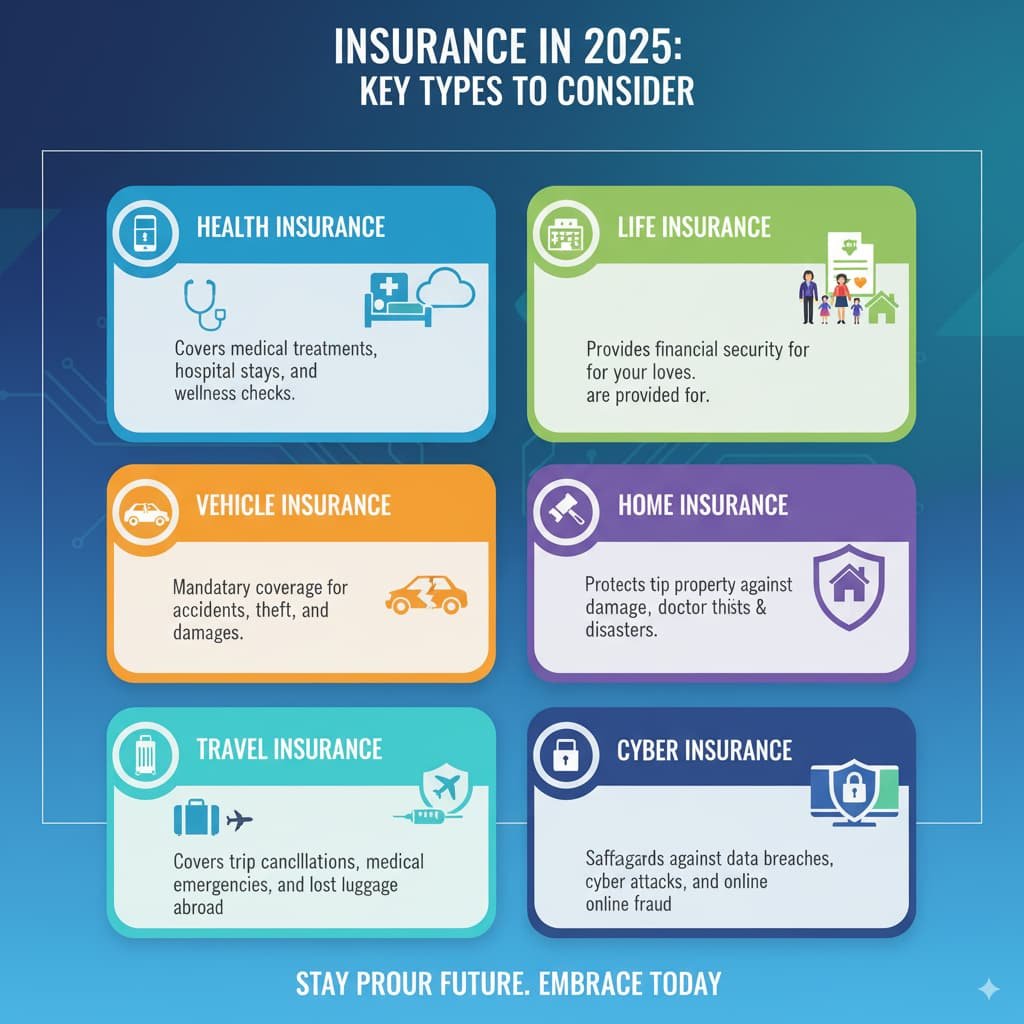Infographic showing the key types of insurance to consider in 2025, including health, life, vehicle, home, travel, and cyber insurance, with relevant icons for each