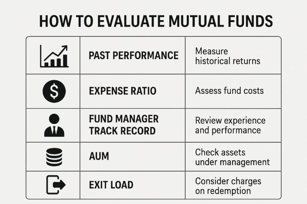 Infographic explaining how to evaluate mutual fund performance, highlighting metrics like past performance, expense ratio, AUM, and exit load