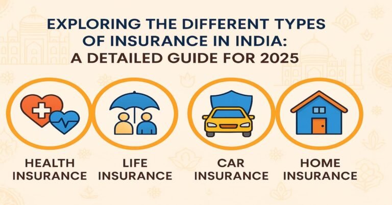 Exploring Different Types of Insurance in India in 2025 with icons for health, life, car, and home insurance