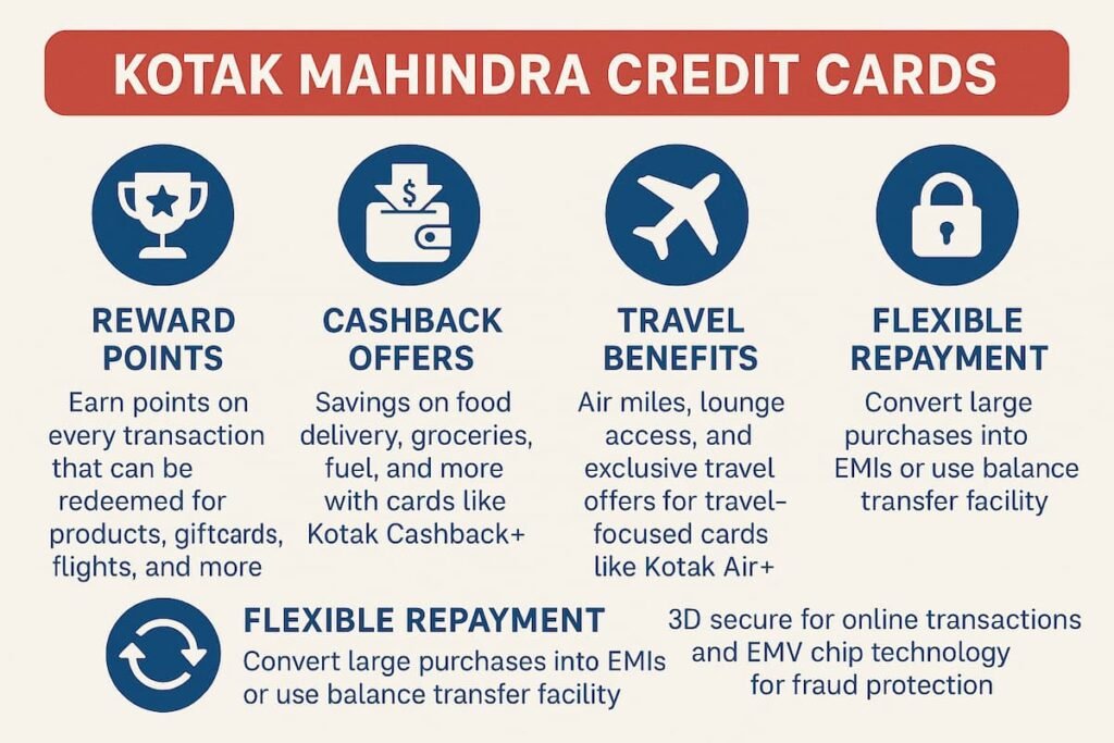 Infographic highlighting the features of Kotak Mahindra Credit Cards, including reward points, cashback offers, travel perks, flexible repayment options, and advanced security