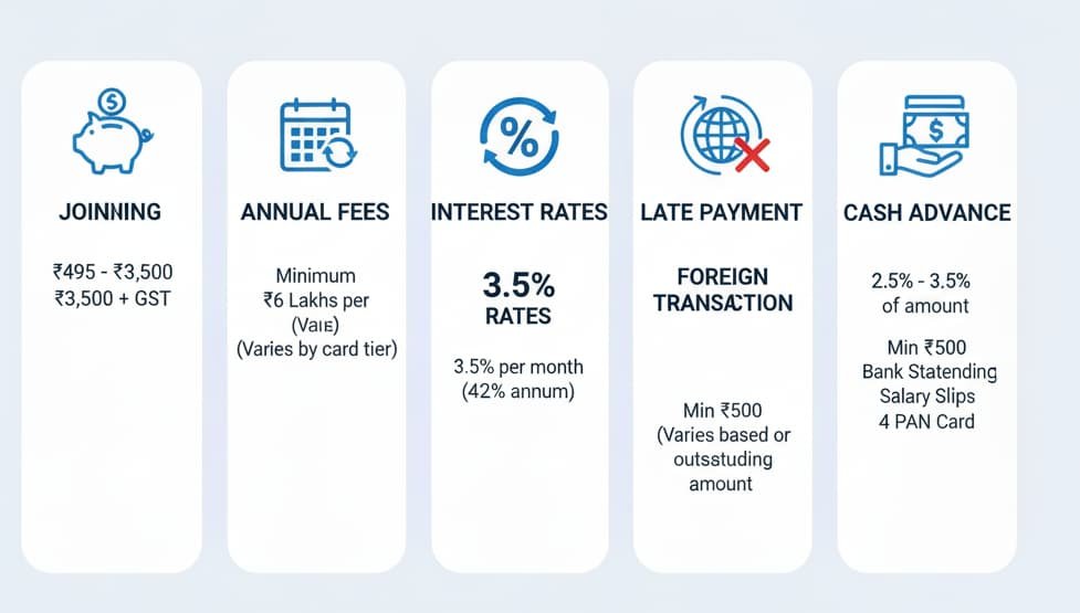 Infographic illustrating the fees and charges for American Express credit cards in India, including joining and annual fees, interest rates, foreign transaction fee, late payment fee, and cash advance fee