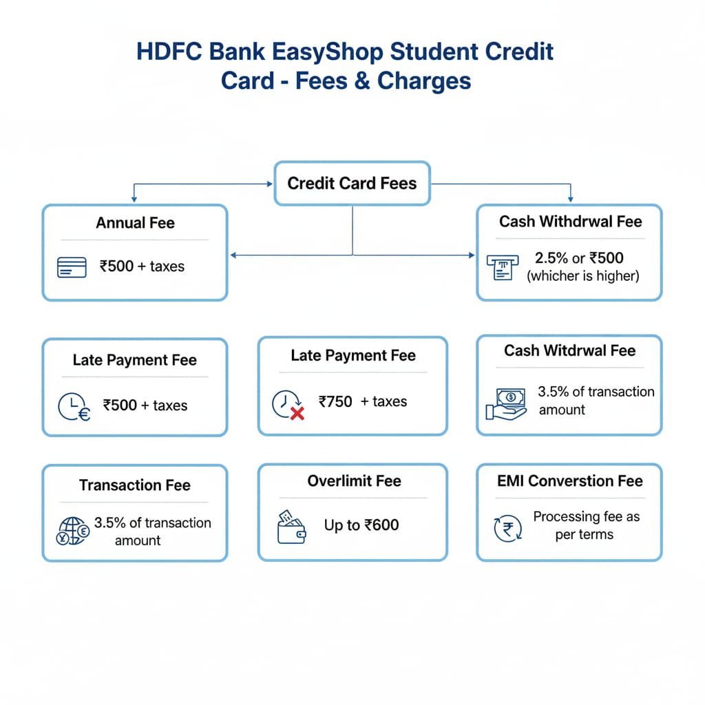 A flowchart illustrating the fees and charges of the HDFC Bank EasyShop Student Credit Card, including annual fee, late payment fee, cash withdrawal fee, foreign transaction fee, overlimit fee, and EMI conversion fee