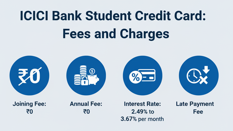 An infographic showing the fees and charges for the ICICI Bank Student Credit Card. The image includes key information such as no joining or annual fees, interest rates ranging from 2.49% to 3.67% per month, late payment fees, and cash withdrawal fees. Each feature is represented with relevant icons and simple text for clarity