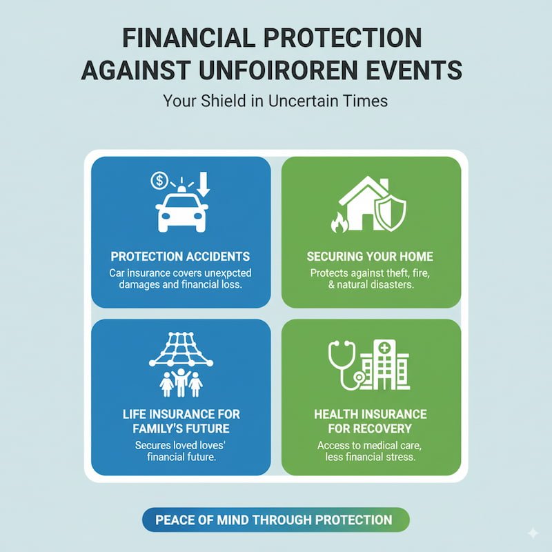 An infographic explaining how insurance provides financial protection against unforeseen events, including car accidents, theft or fire, life insurance for families, and health insurance for recovery. The visual emphasizes peace of mind and financial security during emergencies